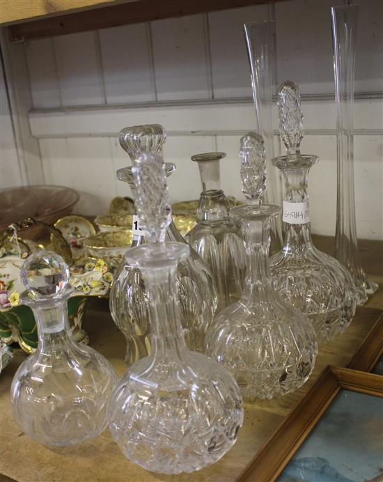 6 cut glass decanters, 2 orchid vases